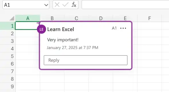 An Excel worksheet with a comment in cell A1