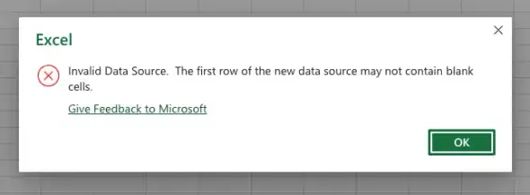 Verify the data source and target location of your PivotTable