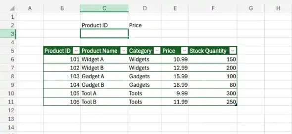 An Excel table for use with VLOOKUP