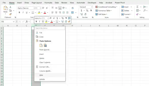 Hide one or more columns