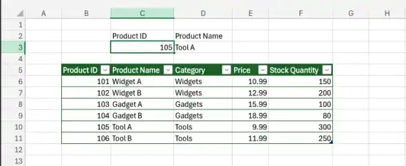A VLOOKUP formula that looks up a product name when a product ID is provided